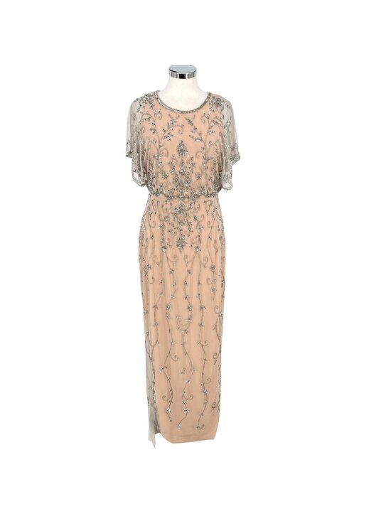 Adrianna Papell Beaded Sequin Mesh Overlay Gown Formal Maxi Dress Size 10  NWT
